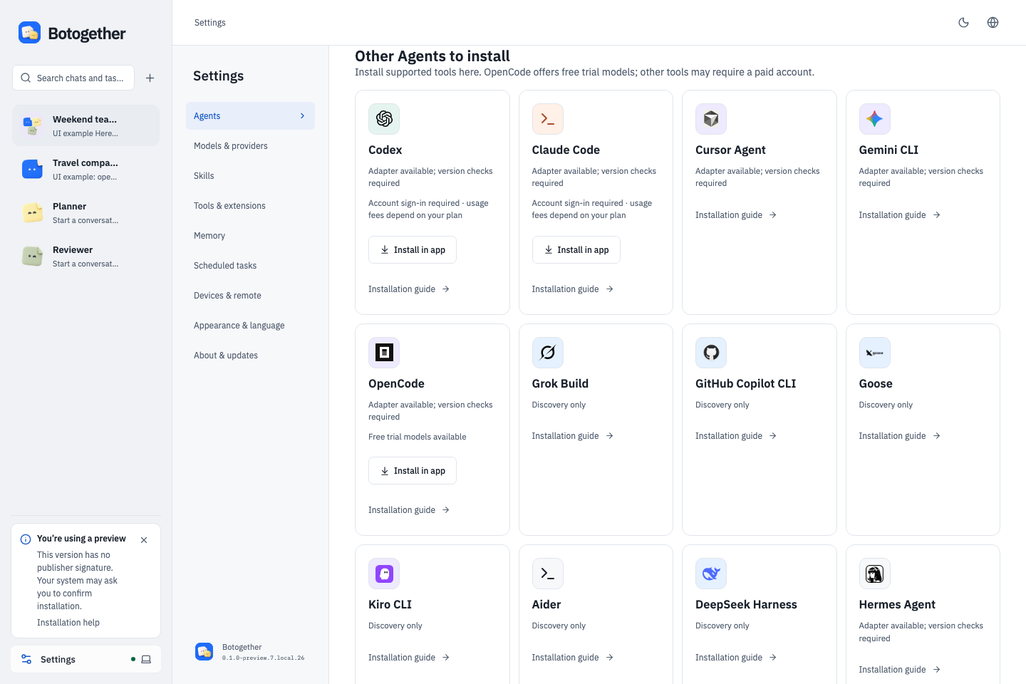 Install supported Agents inside the app