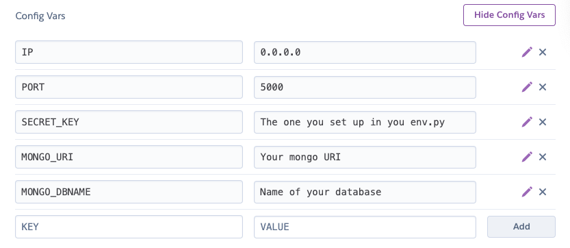 Image showing the config vars required