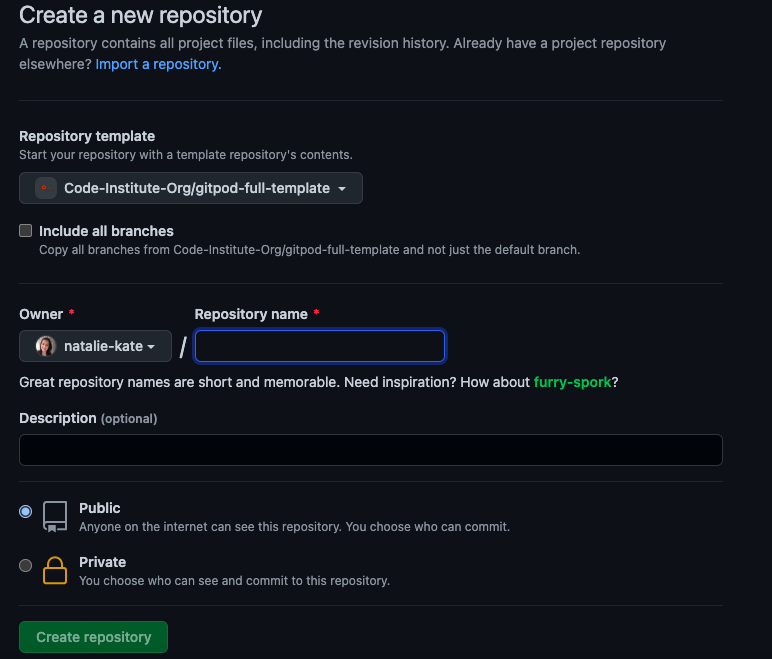 Image showing the create repository page