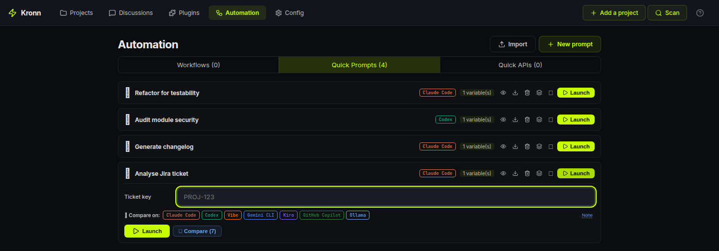 Compare-agents launch form, a Quick Prompt with a ticket variable, all 7 installed agents (Claude Code, Codex, Vibe, Gemini CLI, Kiro, GitHub Copilot, Ollama) selected as chips, and a 'Comparer (7)' CTA to fan the same prompt across them in parallel