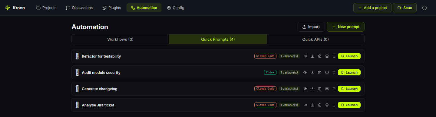 Quick Prompts library, four reusable templates (Refactor for testability, Audit module security, Generate changelog, Analyse Jira ticket) each with one variable and a Launch button, ready to fan out as a Batch