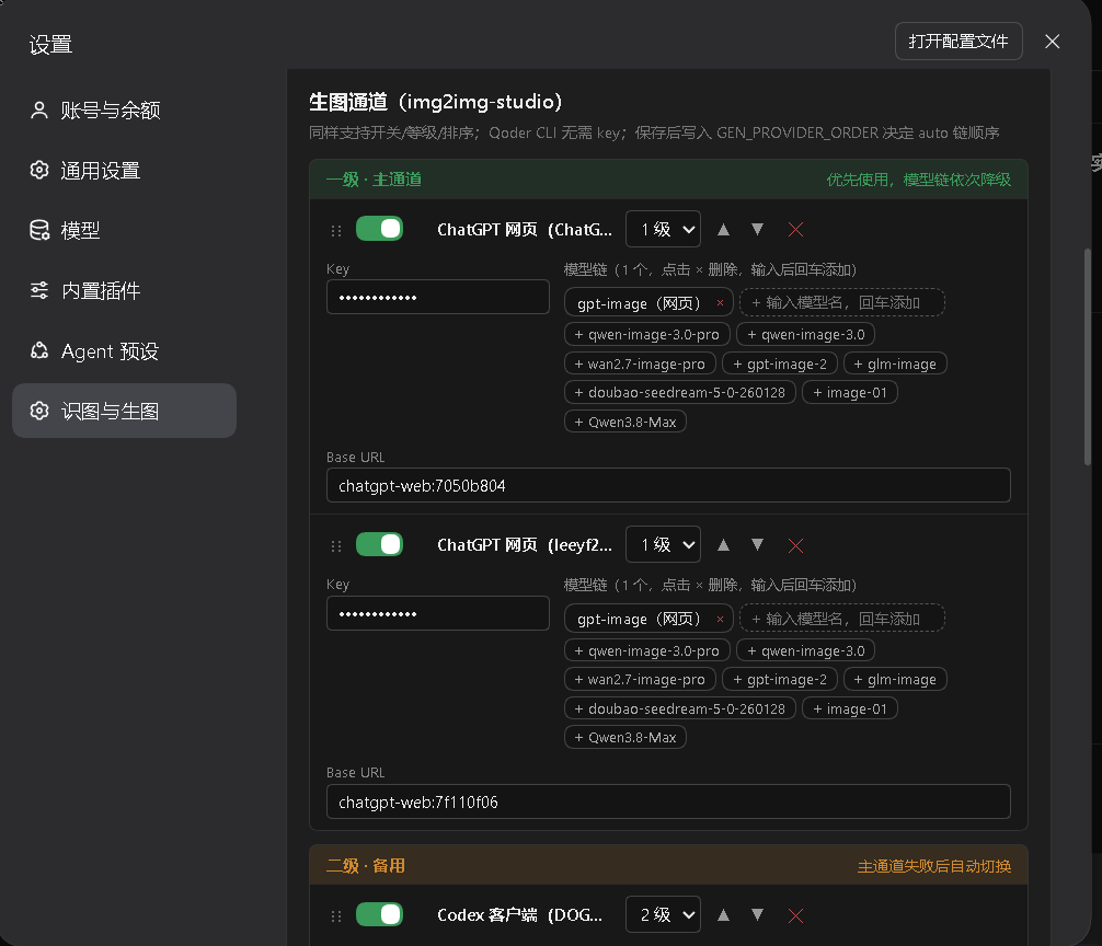 识图与生图供应商面板:三级优先级、模型链、ChatGPT 网页账号库