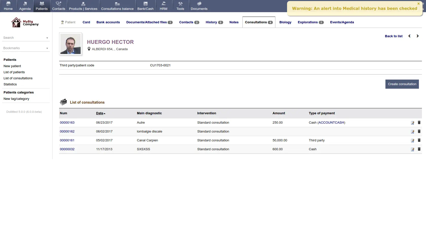 Screenshot patient card