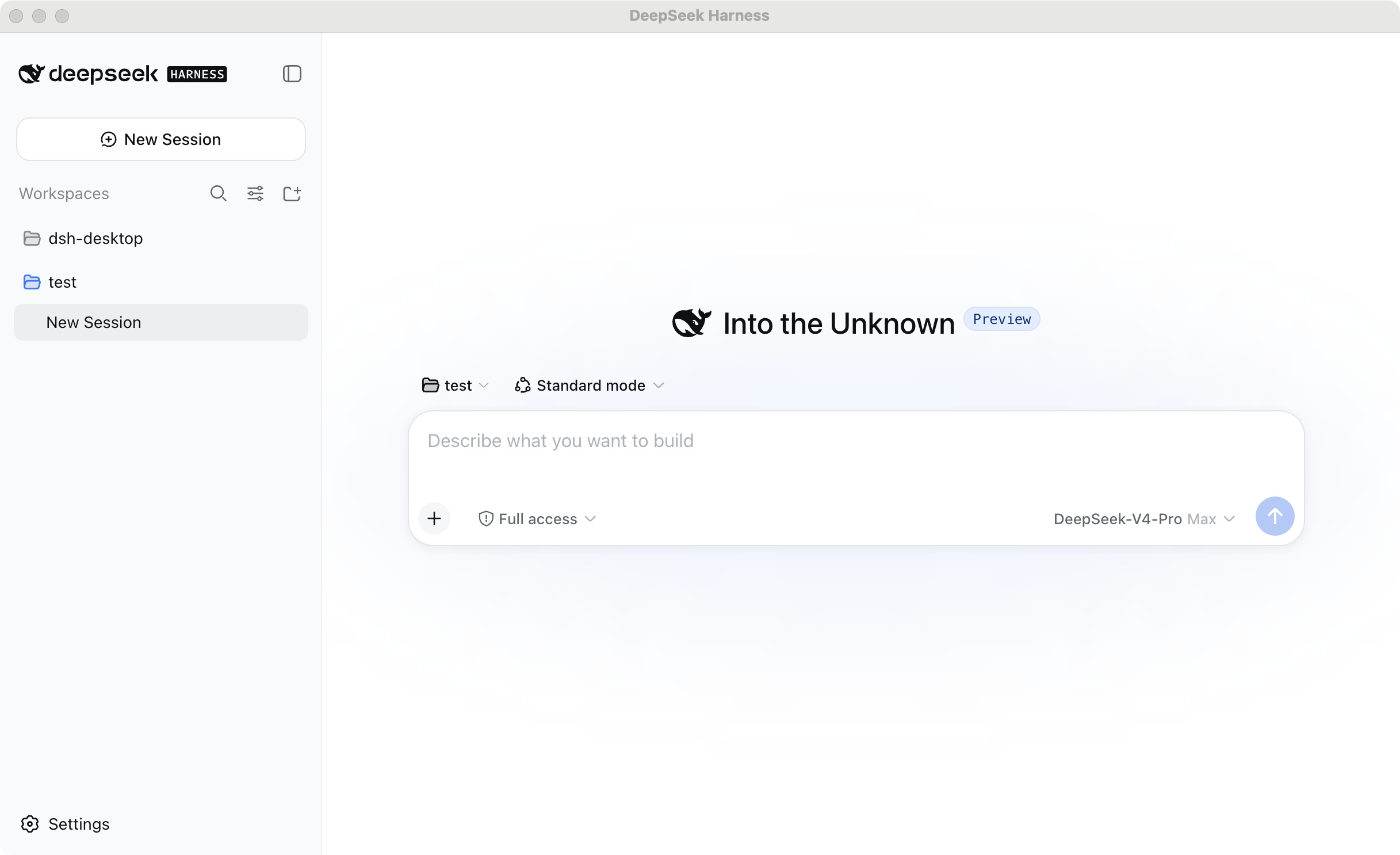 DSH Desktop running the official DeepSeek Harness Web UI