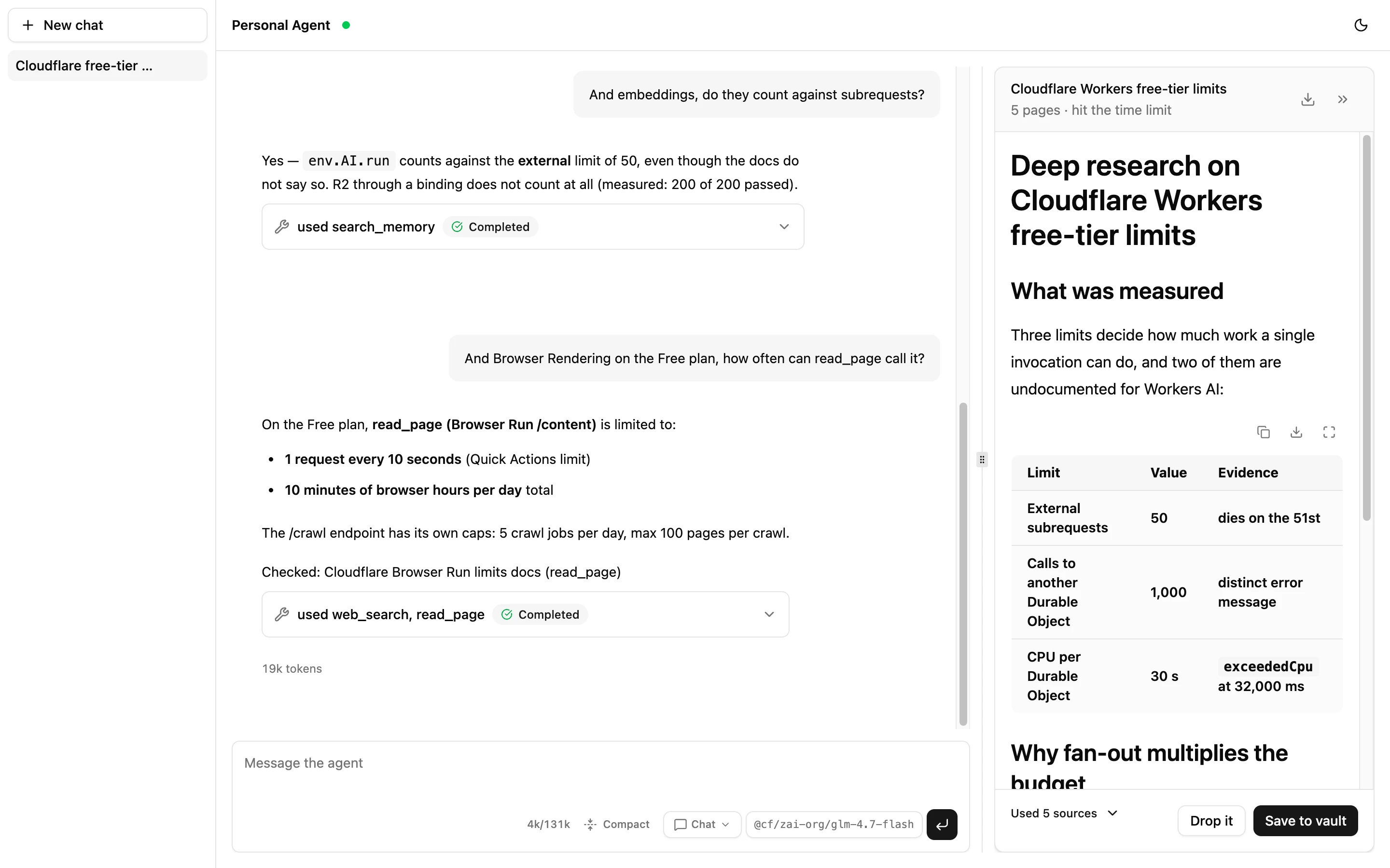 A conversation with tool usage under each answer, and a finished research report in the side panel