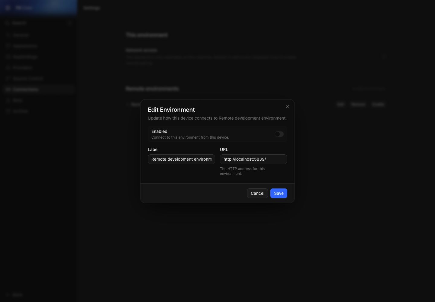 Desktop edit environment dialog preserving the disabled state