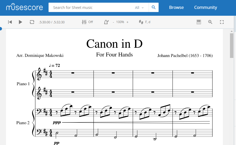 Canon in D for four hands piano