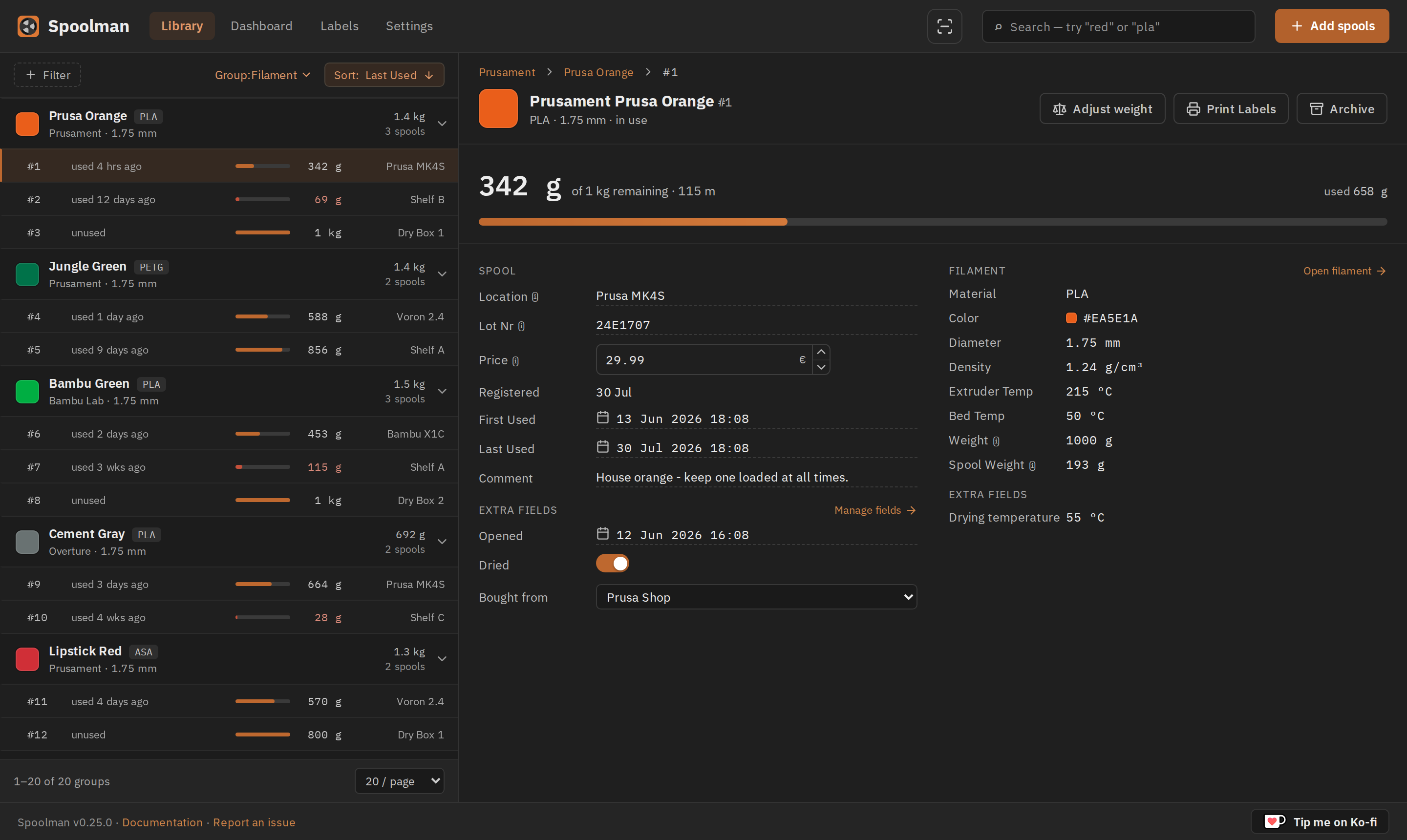 The Spoolman web client, showing the spool library with a spool's details open alongside it