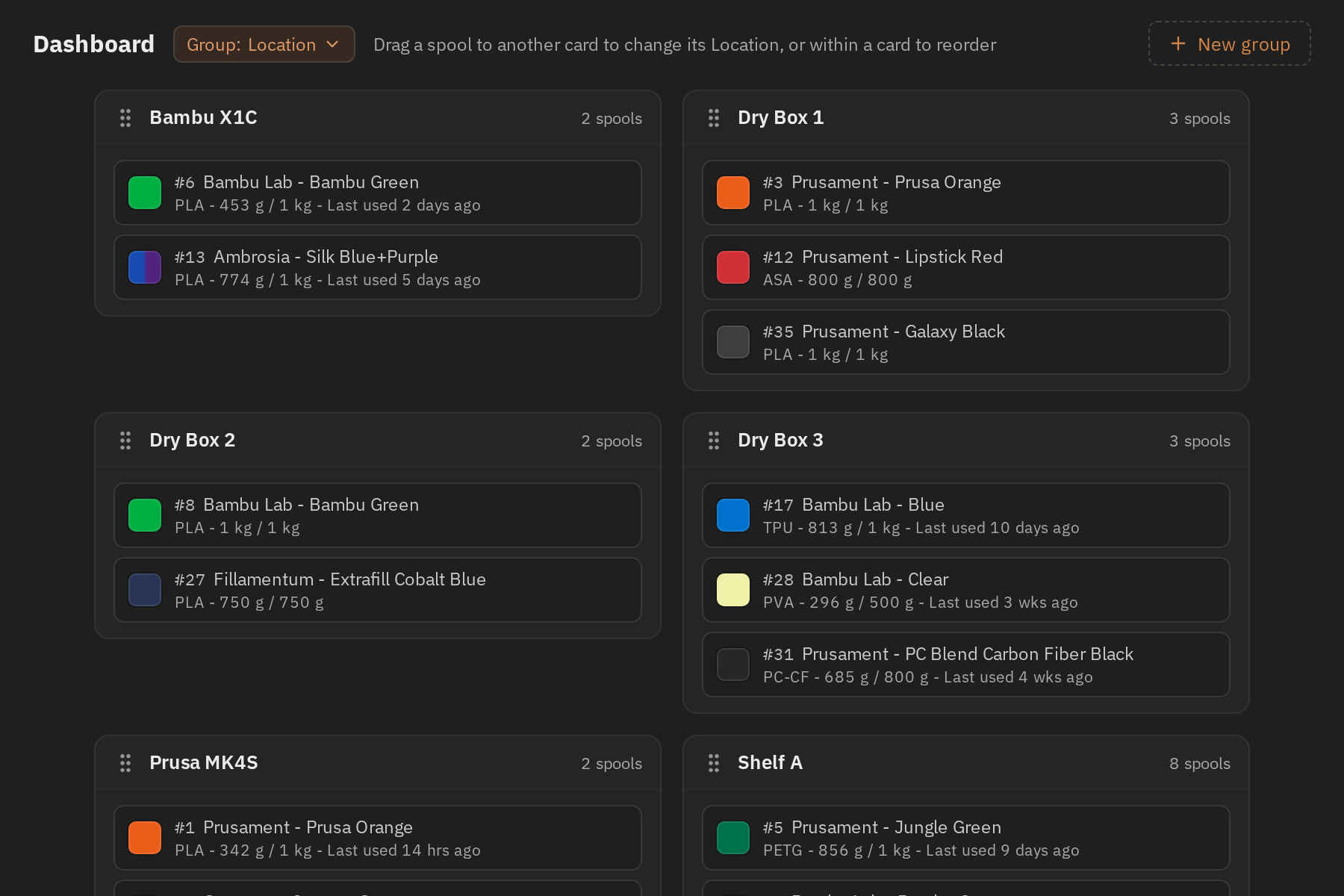 The Spoolman dashboard, showing spools as draggable cards grouped by storage location