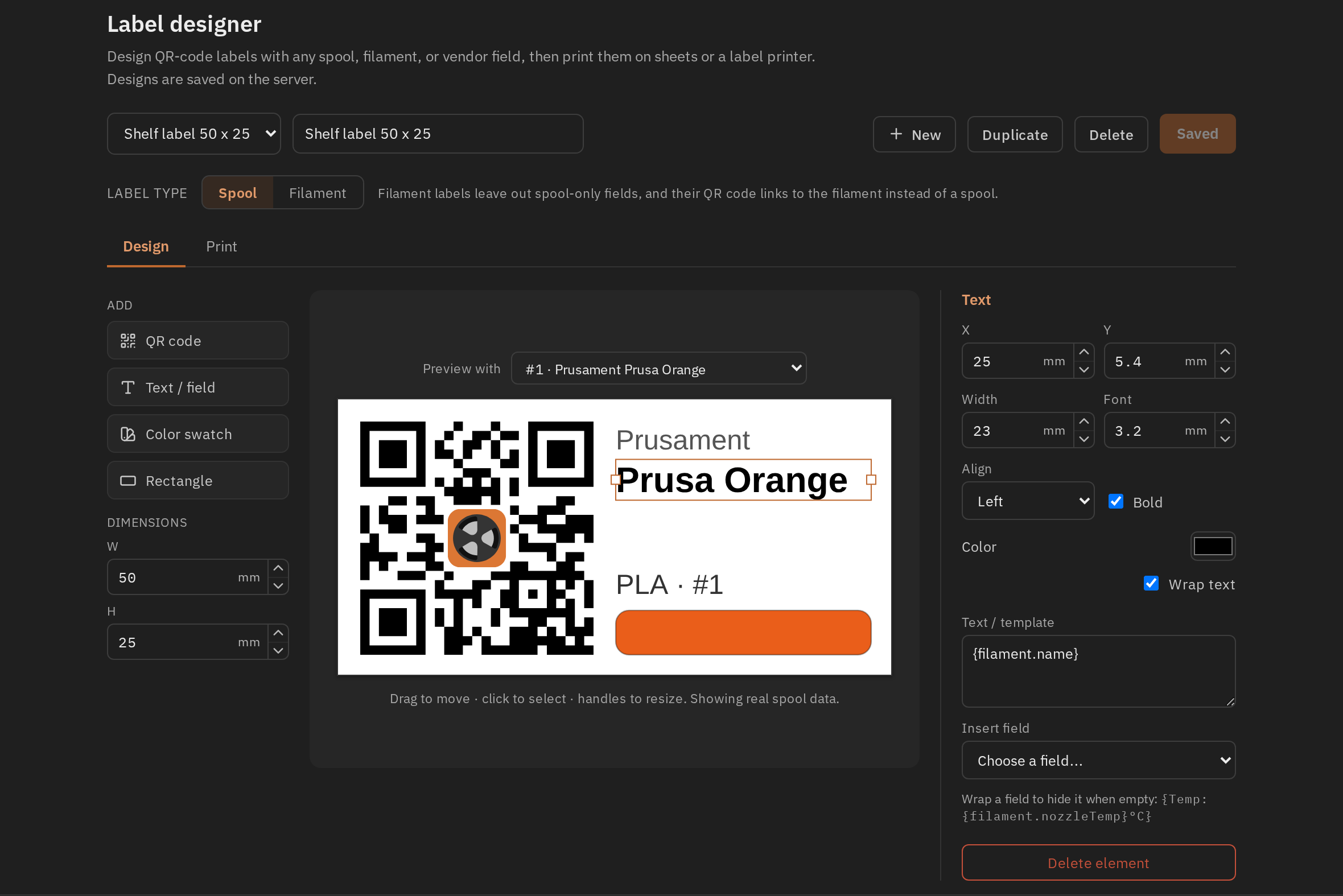 The Spoolman label designer, showing a 50 by 25 mm spool label with a QR code, filament name and colour swatch