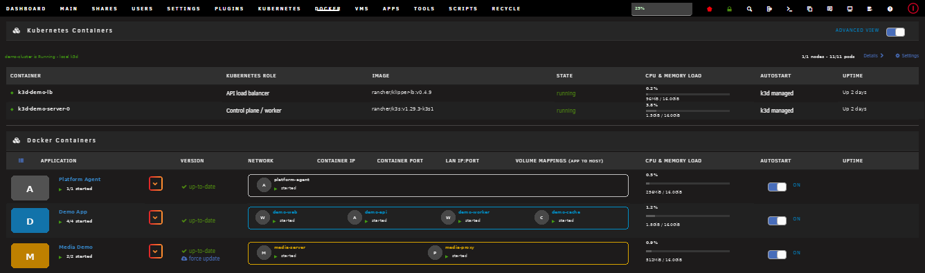 Kubernetes runtime containers on the Unraid Docker page