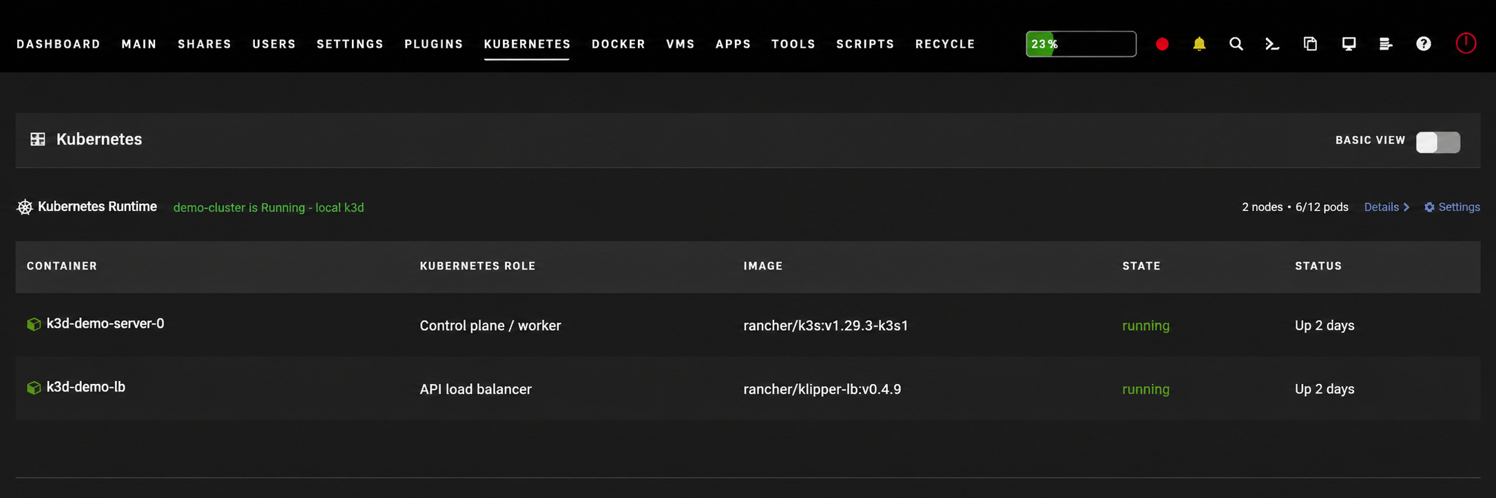 Kubernetes runtime containers on the Unraid Docker page