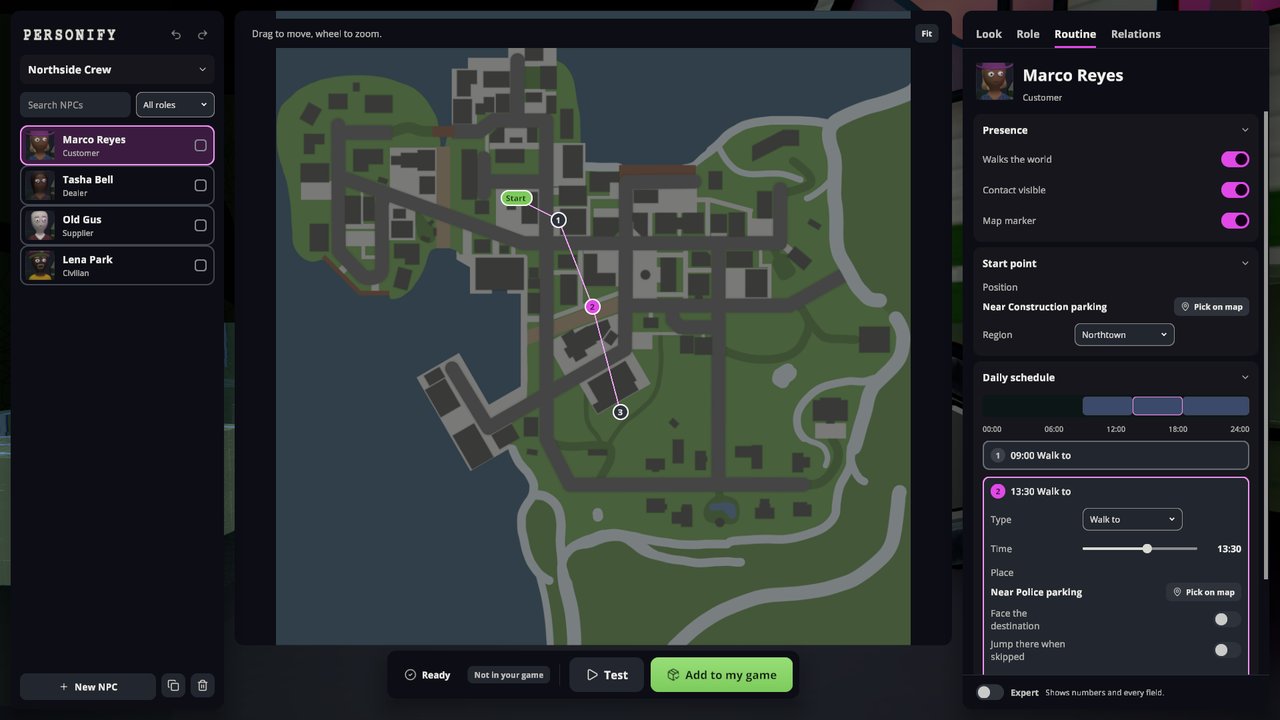 The Routine area with the day on the town map
