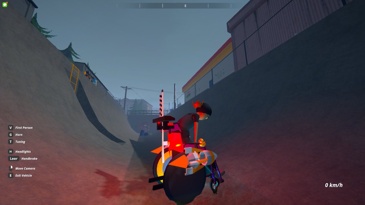 A tuned wheelchair with crown, rockets, flag and lightbar