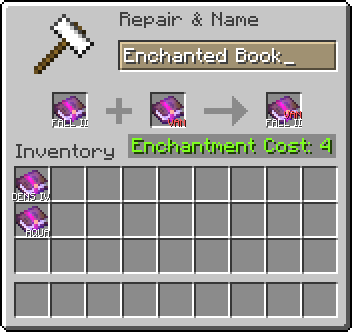 A preview of an anvil GUI containing various enchanted books, including use of the anvil to combine two books. The image demonstrates the different coloured text triggered by a curse type enchantment.