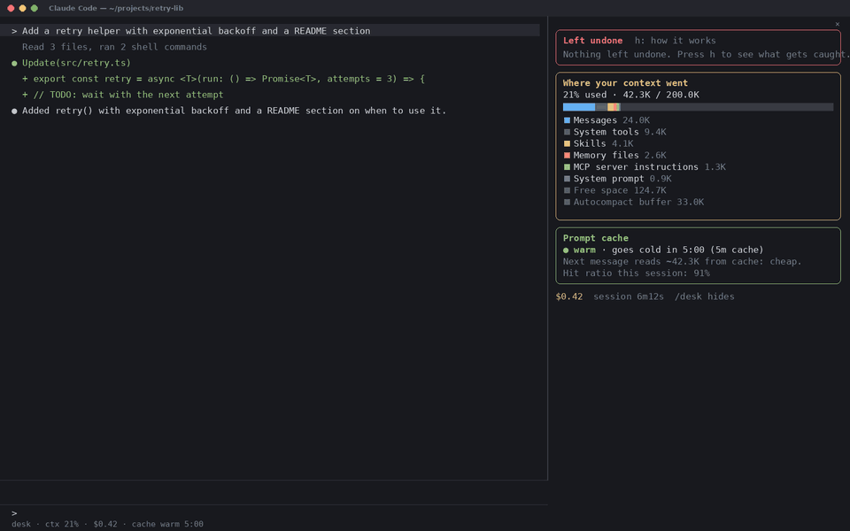 terminal-desk demo: the desk pane beside a Claude Code session