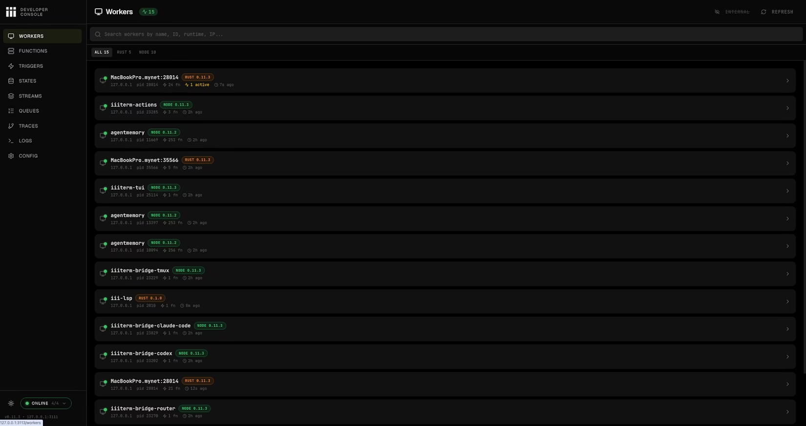 iii console Workers page — connected workers including agentmemory instances with live function counts and runtime metadata