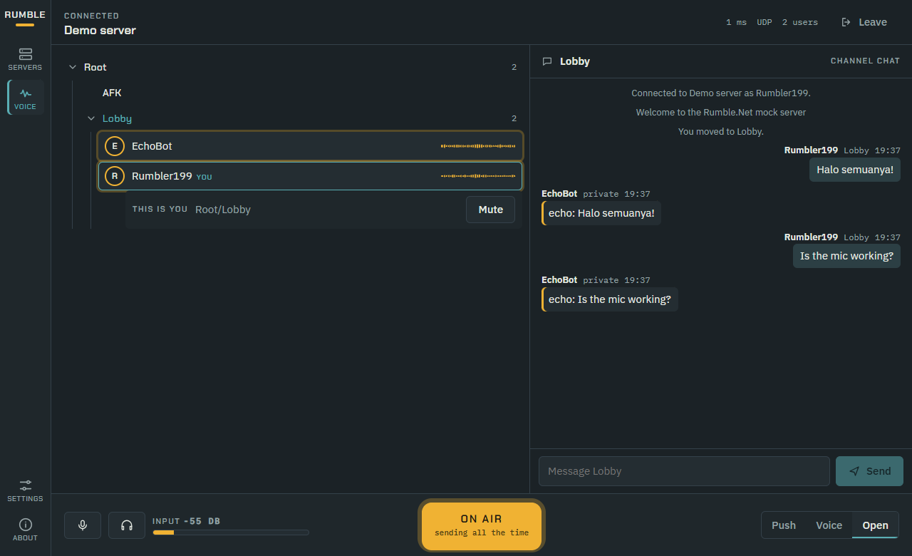 RumbleApp voice screen connected to the demo server
