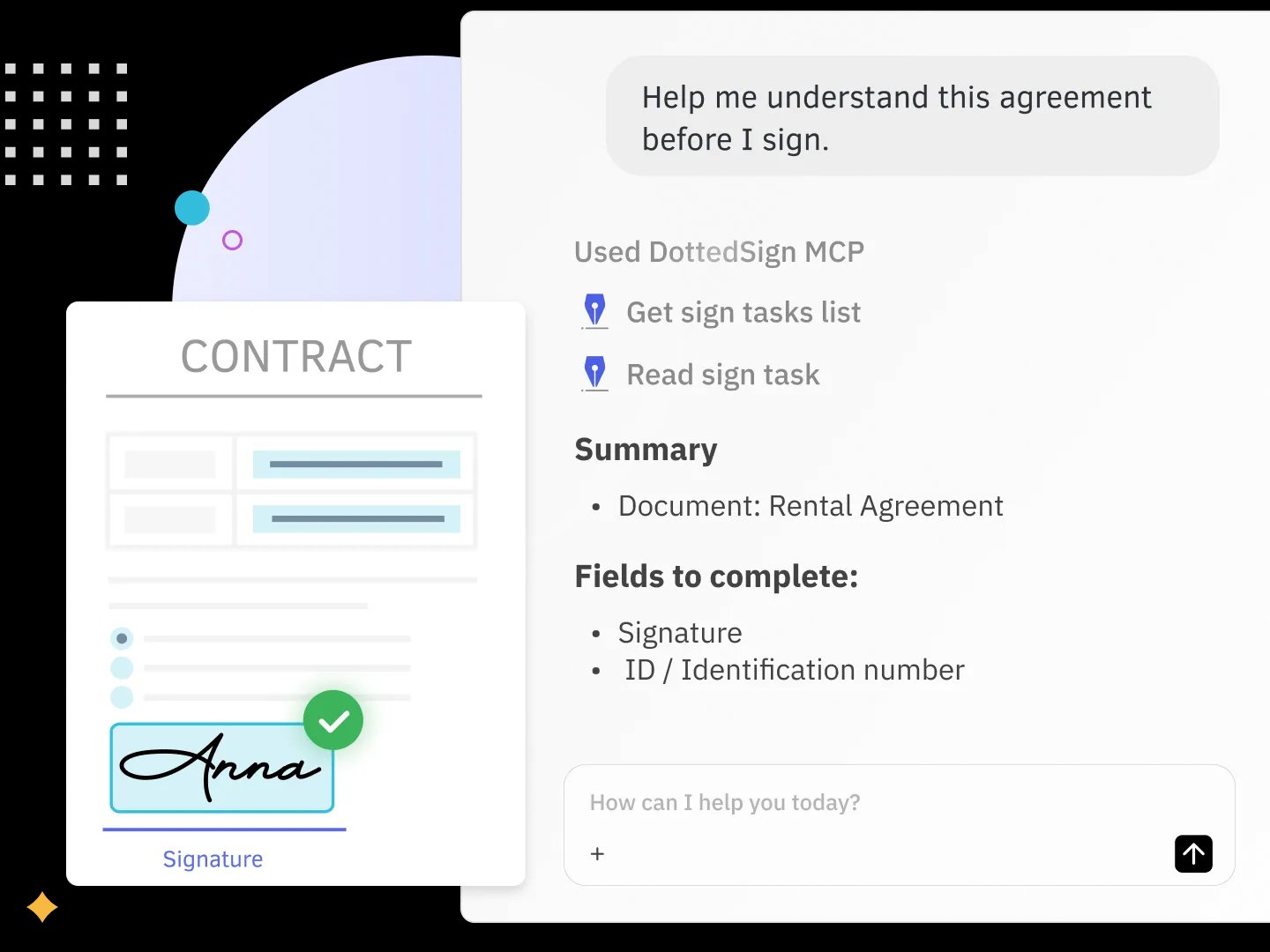 Summarize an agreement and list fields to complete