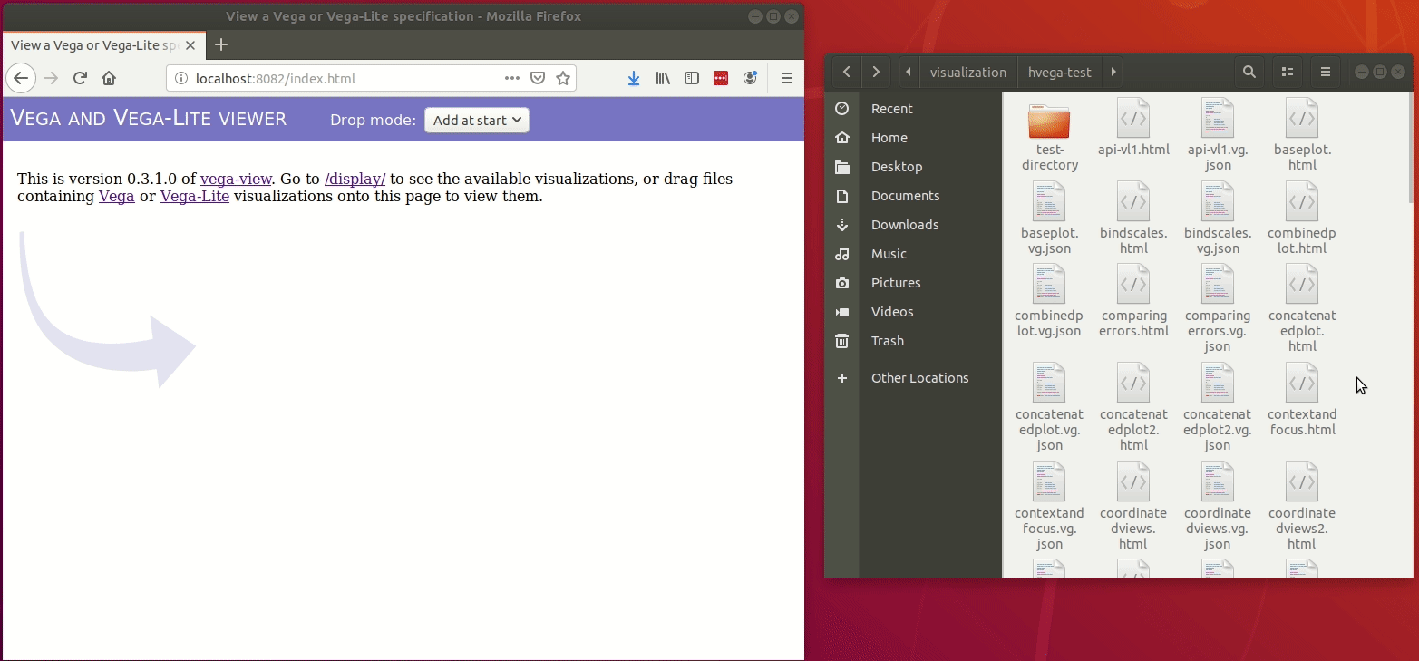 A Vega-Lite specification being dragged from a file browser and dropped onto the index page of the vega-view web server