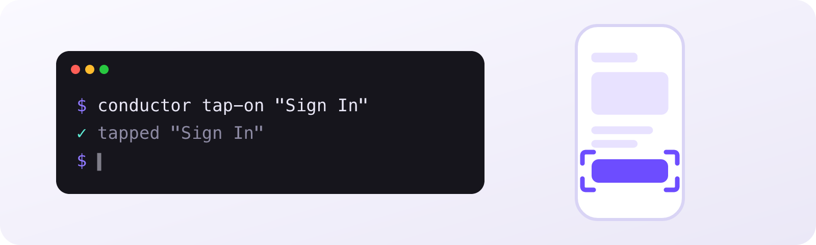 A terminal running conductor tap-on "Sign In" and the phone button it tapped