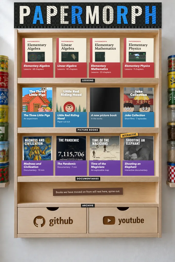 The Papermorph bookshelf: lessons, picture books, documentaries and interactive pages on a birch shelf