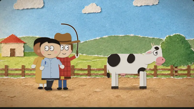 Joke Collection: paper puppets on a painted farm, cutting between close-ups