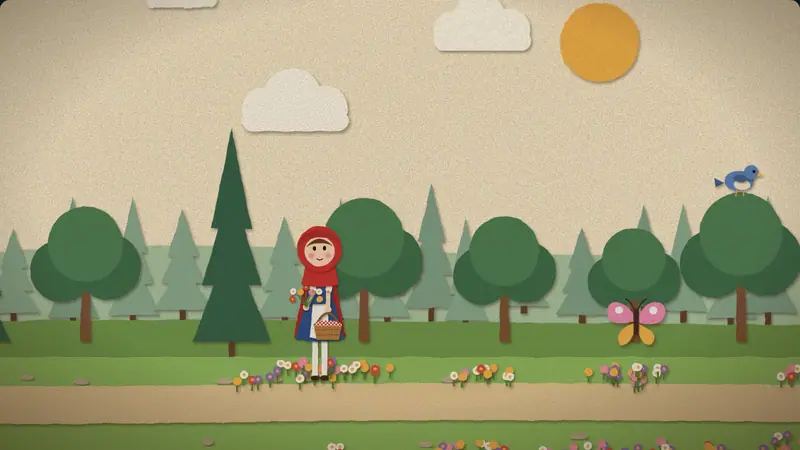 Little Red Riding Hood: in the meadow, tapping the sun and a cloud shows and says each word