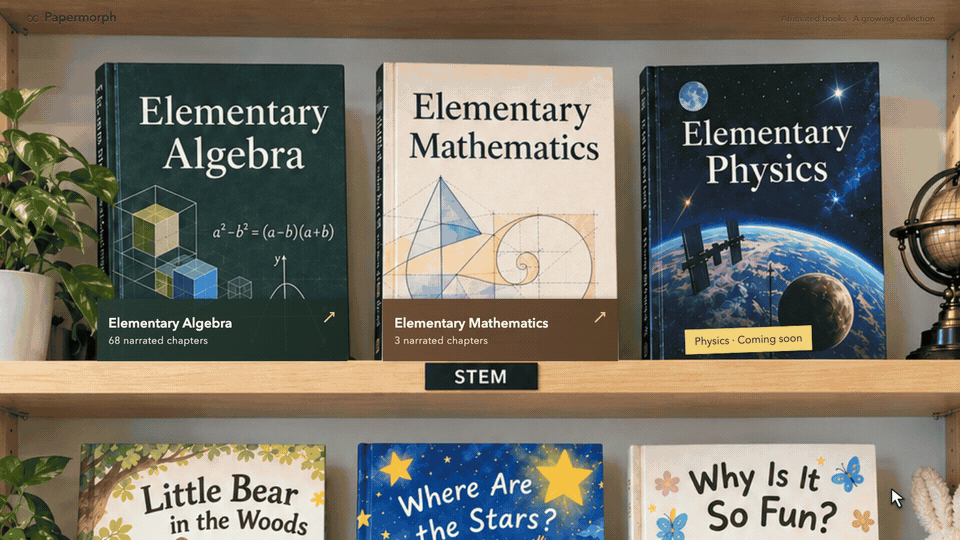 Real demo: bookshelf, animated lessons, and interactive quizzes