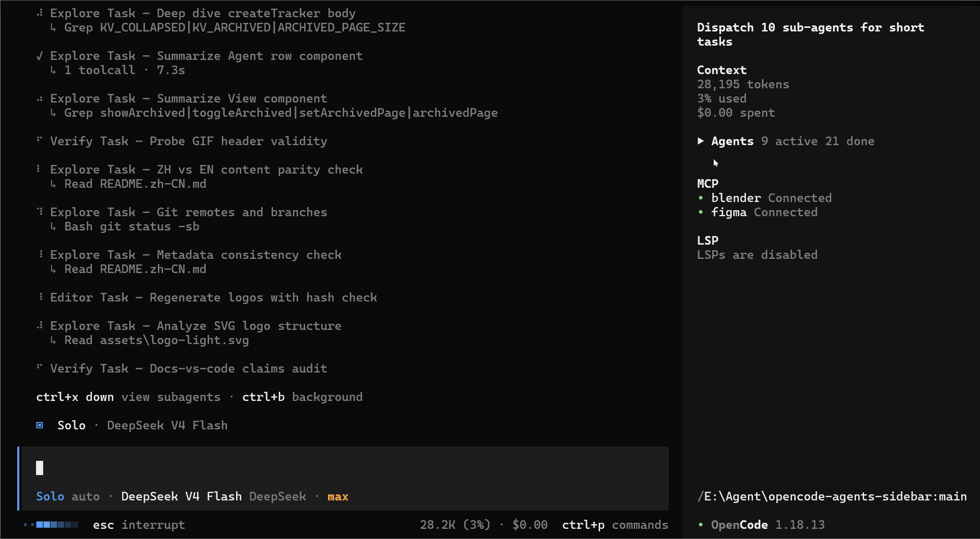 Agents sidebar tracking active and completed OpenCode sub-agents