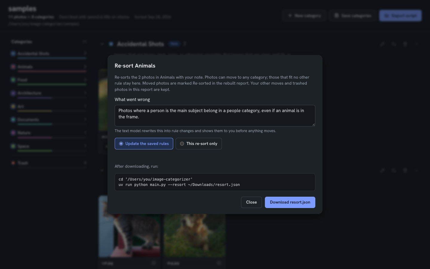 Re-sort dialog with a note describing which photos were misfiled
