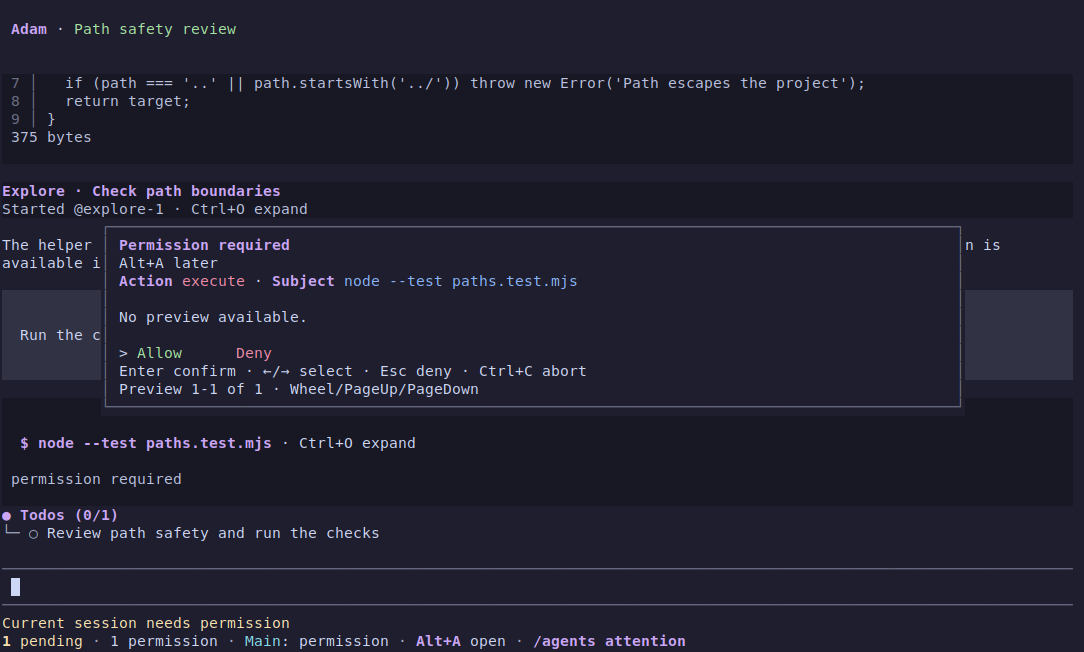 The exact shell command awaiting approval, alongside Todo and pending-item status