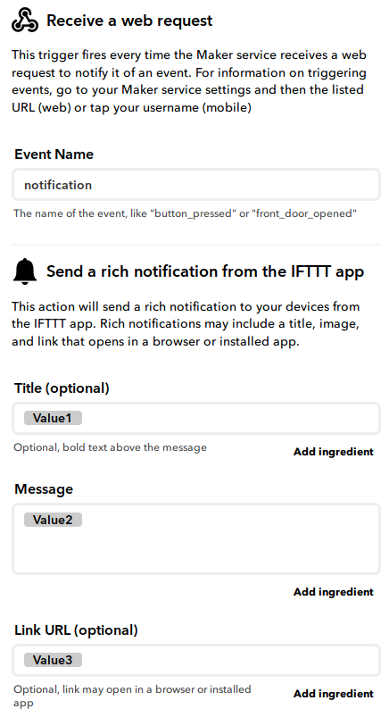 notification IFTTT settings