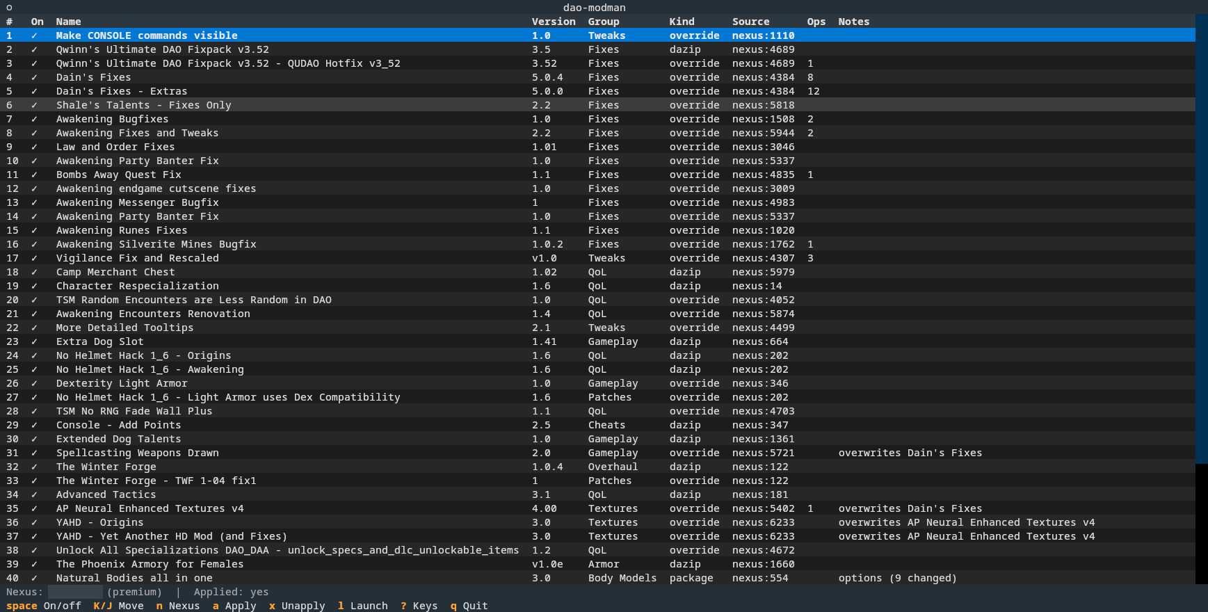Screenshot of the TUI