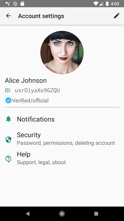 Android screenshot: account settings