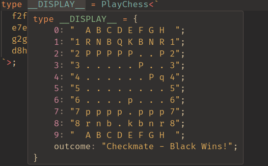 A showcase of the typescript version of the program working. A chess board is shown in the VSCode hover window while focusing the type PlayChess