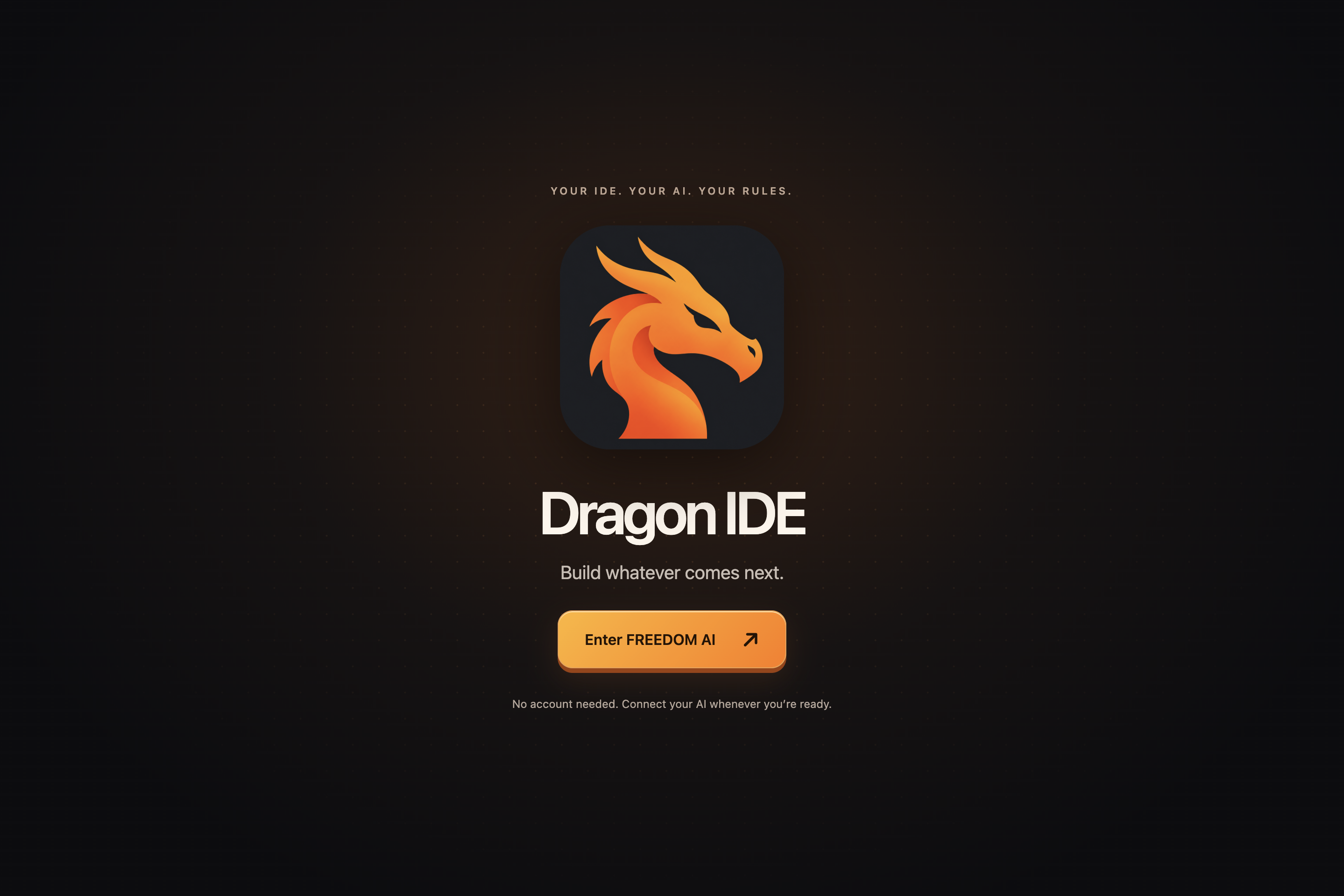 The Dragon IDE entrance: the dragon mark, the Dragon IDE heading and one Enter FREEDOM AI button, with no account needed
