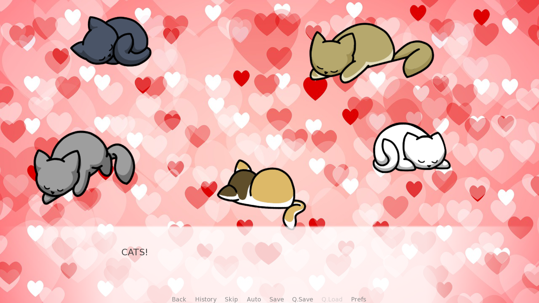 A picture of cartoon cats on a pink background with hearts. There are 5 cats, all in comfortable positions with varying fur colors. A text box at the bottom says "CATS!"