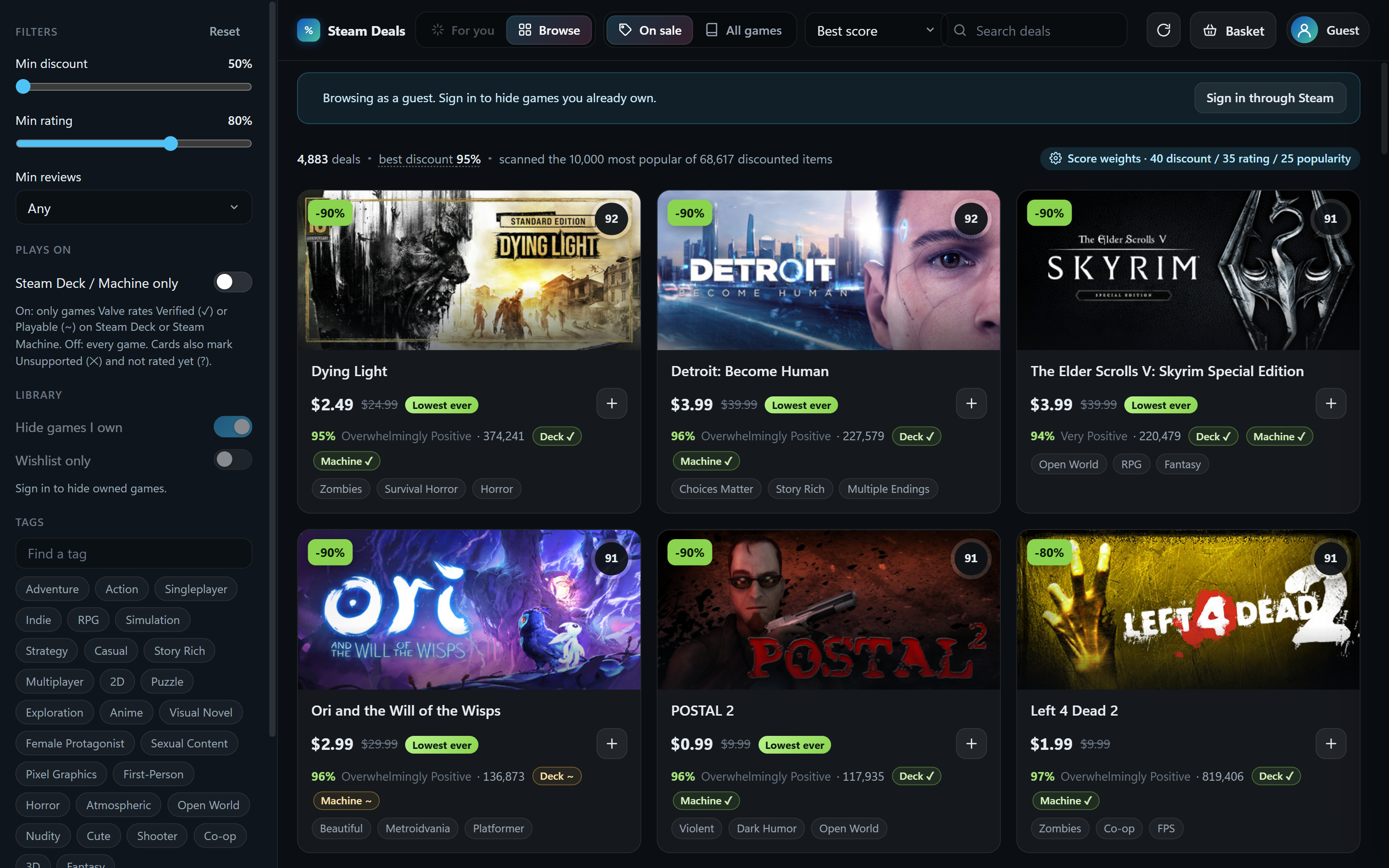 Browse: the best current sales, each with its Steam Deck and Steam Machine rating