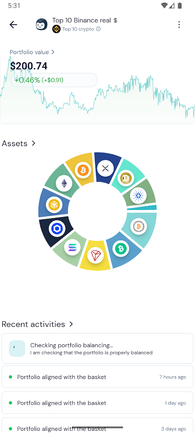 octobot mobile app bot view with portfolio content recent activities and historical profits