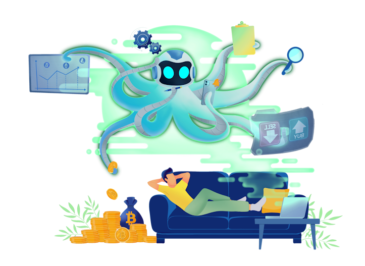 A man relaxing in his couch while octobot the free open source crypto trading bot is making money by automating cryptocurrency strategies