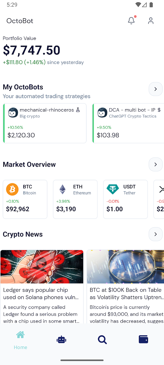 octobot mobile app dashboard with portfolio value and two live bots with news