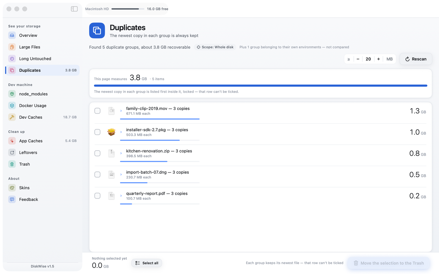 Duplicates: hash-grouped copies with the newest one locked
