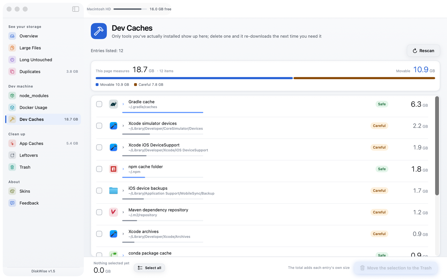 Dev Caches: Homebrew, npm, Maven, Gradle, simulator devices and more