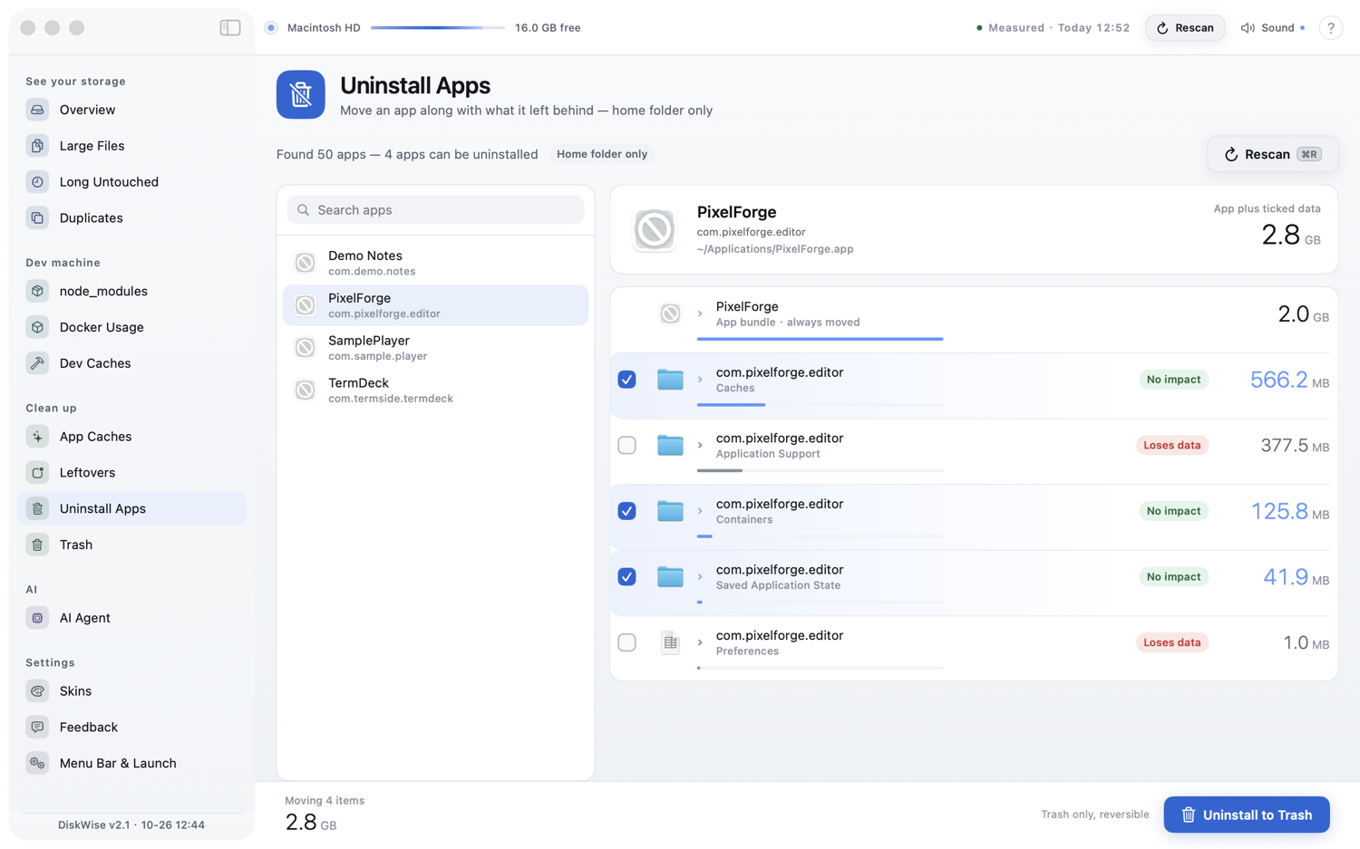 Uninstall Apps: the installed apps on the left, and on the right the selected app's bundle plus the data folders it owns, each row with a cost badge and a tickbox