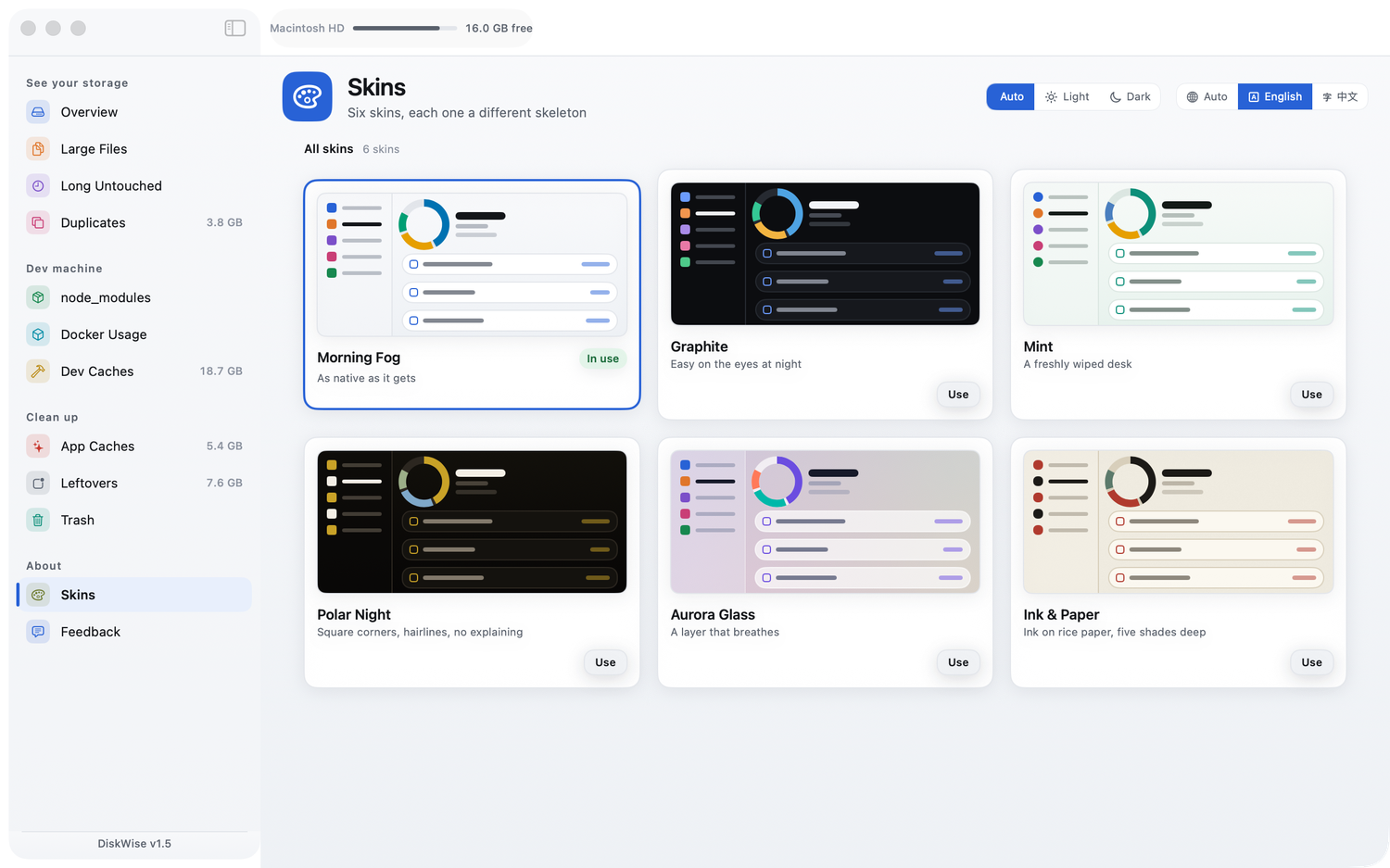 Skins: six theme cards, each rendering a live thumbnail of the whole page in that theme