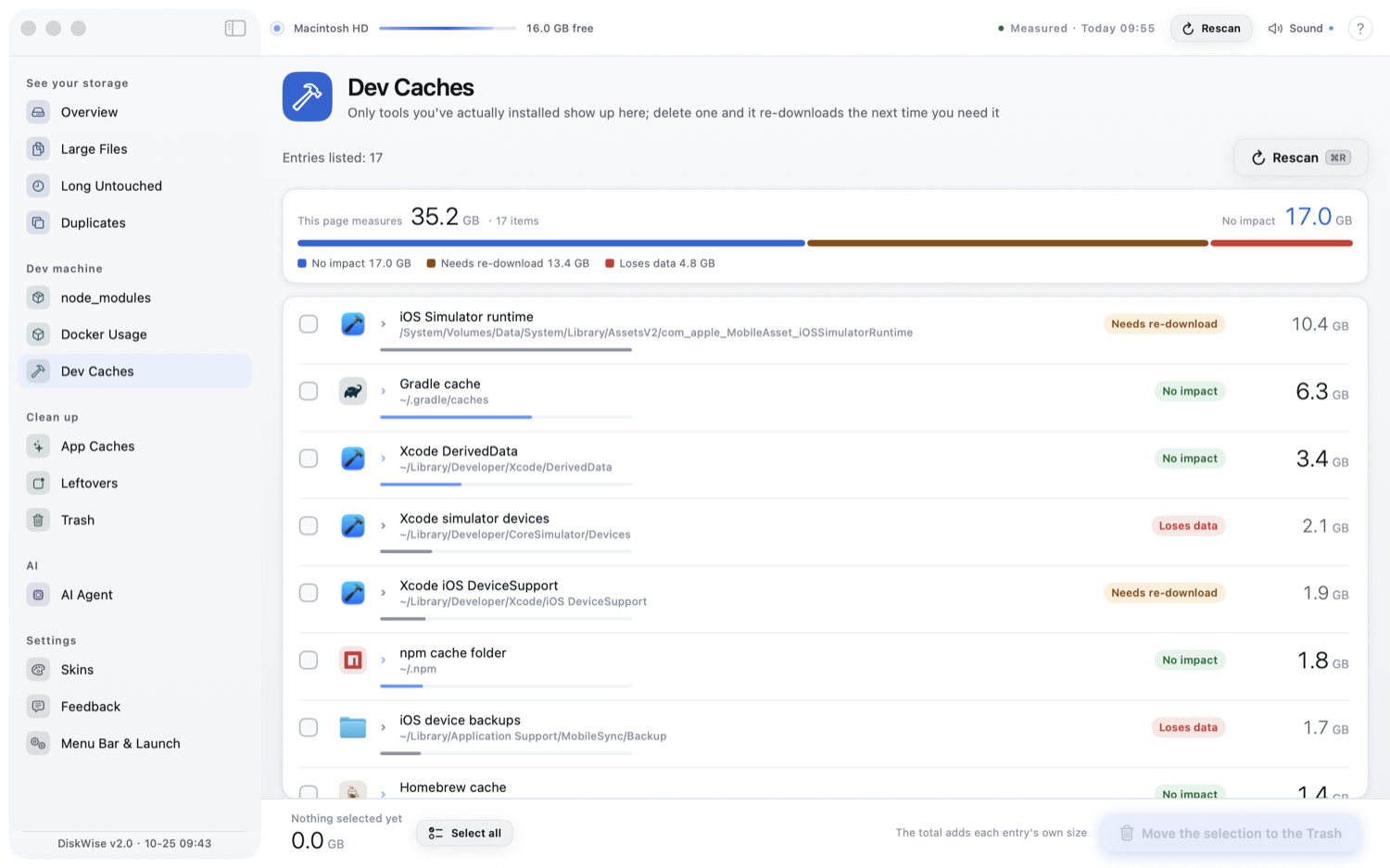 Dev Caches: Homebrew, npm, Maven, Gradle, simulator devices and more