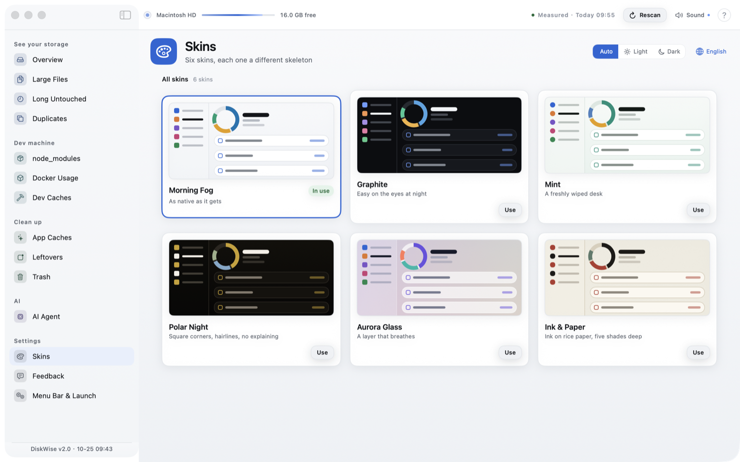 Skins: six theme cards, each rendering a live thumbnail of the whole page in that theme