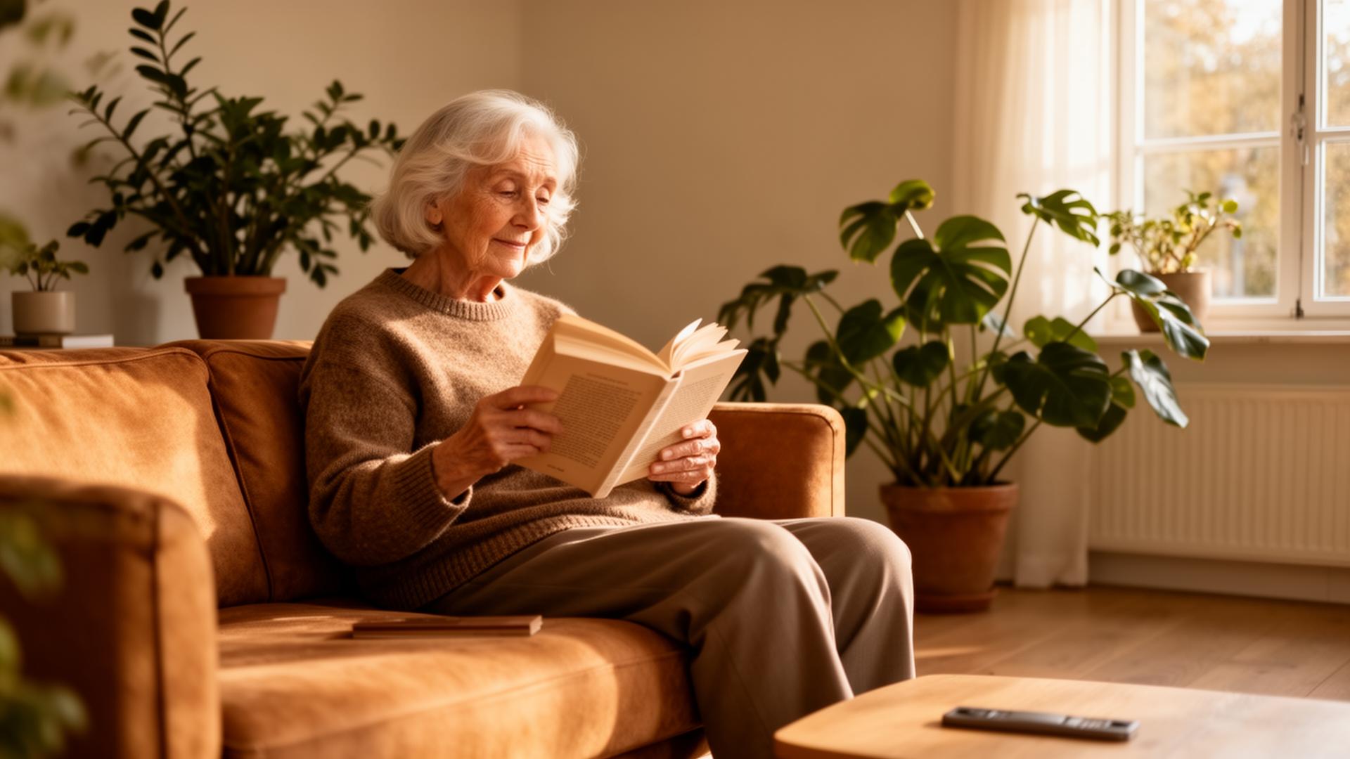 Een oudere vrouw leest een boek op de bank