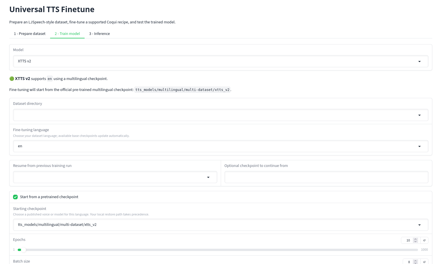 UFT training tab with model, language, and starting checkpoint choices